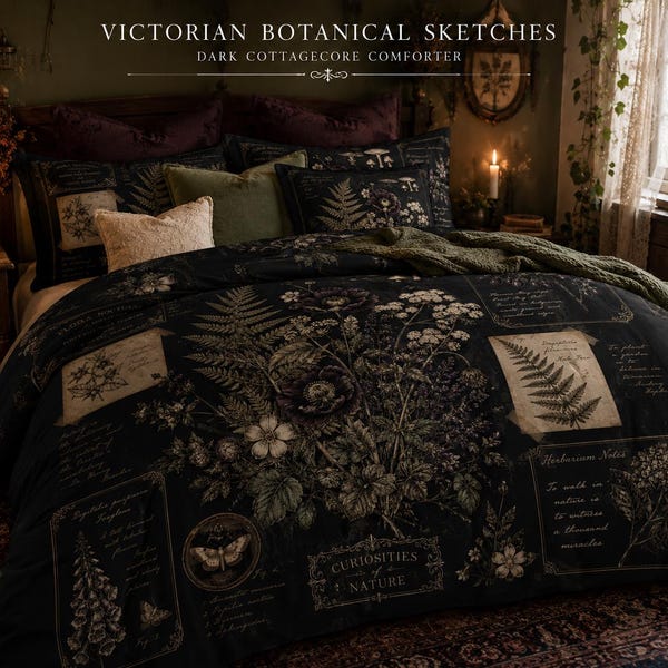 Dark Moody 100% Cotton Comforter Set,  Vintage Botanical Ferns Mushrooms Herbarium, Nature Theme Bedding Bedspread Housewarming Gift