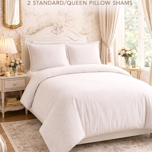Puede incluir: Un juego de cama tama&ntilde;o queen con un edred&oacute;n y dos fundas de almohada. La ropa de cama es de color claro y neutro. La escena incluye una alfombra floral, una mesita de noche y un espejo decorativo. El texto "QUEEN SET" es visible.