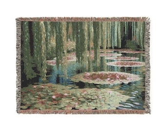 Artistic Pond Weeping Willows Lily Pads Lotus Woven Tapestry Quilt Blanket, Cozy Vintage Relaxing Home Decor, Nature-Inspired Sofa Throw