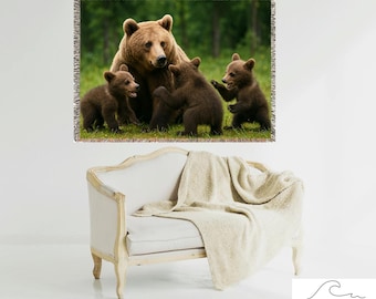 Cozy Bear Family Woven Tapestry Blanket | Wildlife Decor, Gift for Nature Lovers, Camping Accessory, Cabin Blanket, Eco-Friendly Throw
