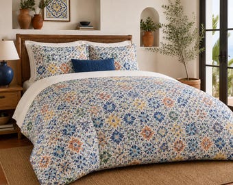 Mexican Talavera Cobalt Blue Geometric Floral Comforter Bright Colored Bedspread, Bedroom Decor King Twin Queen Bedding Cover Blanket Quilt