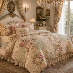 May include: A bedroom scene featuring a floral-patterned bedspread and pillows in shades of pink, cream, and green. The bed is the focal point, complemented by matching curtains, a chandelier, and antique furniture, creating a romantic ambiance.