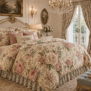 May include: A bedroom scene featuring a bed with a floral patterned comforter and pillows in shades of pink, cream, and green. The bed has a decorative headboard. The room is decorated with a chandelier, curtains, and a rug.