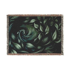 Dark Floral Leaves Woven Blanket - Elegant Forest Quilt, Housewarming Gift, Wall Art Tapestry Throw, Sofa Couch Textile, Dark Academia