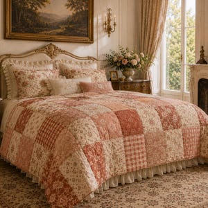 May include: A patchwork quilt in shades of pink and cream covers a bed, complemented by matching floral pillows. The quilt features various floral and plaid patterns. The bed is in a room with a classic, elegant style.