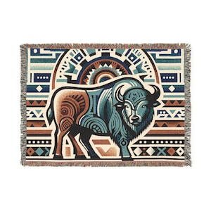 Woven Throw Blanket, Desert Buffalo Aztec Quilt Tapestry, Desert Decor Wall Art, Nature Lovers Tribal Art, Southwest Throw Blanket Quilt