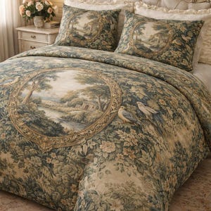 May include: A bed with a floral patterned comforter and two matching pillowcases. The comforter features a large circular design with a landscape scene and two birds. The color palette includes shades of blue, green, and beige.