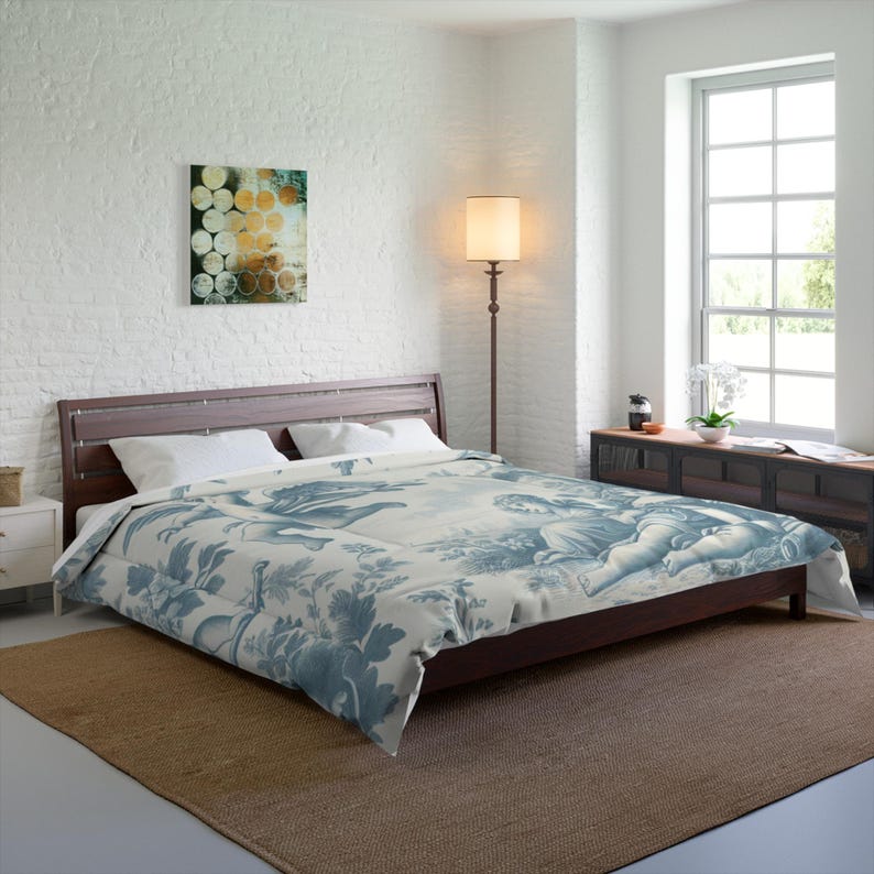 Elegante juego de edredón floral de toile francés Blue Angels, ropa de cama independiente, estilo shabby chic, decoración victoriana cottagecore, tamaño Queen, King y Twin. 104" × 88"