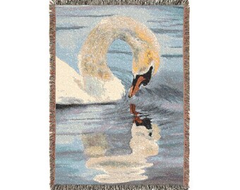 Artistic Swan Art Reflection Woven Tapestry Quilt Blanket, Cozy Home Decor, Swan drinking water, Gift for Mom, Spring Decor Textile