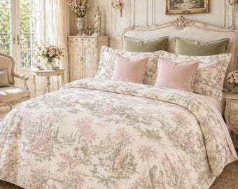 Chateaucore Sage Toile de Joy Duvet Set Floral Vintage Style Bedding Shabby Chic Victorian Queen King Twin Size French Bed Spread