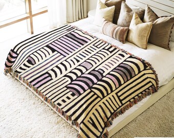 Purple Striped Geometric Woven Blanket: Modern Boho Couch Cover