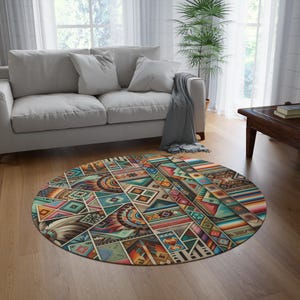 Mexican Aztec Round Rug, Terracotta Turquoise Area Rug, Bedroom Living Room Rustic Floor Mat Circular Carpet, Desert Gift for Mom Her Dad