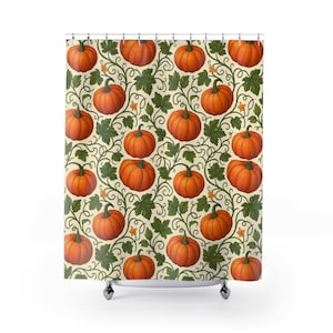 Pumpkins Fall Autumn Floral Fabric Stall Shower Curtain Country Farmhouse Bathroom, Botanical Bathroom, Orange Green Art Print Decor