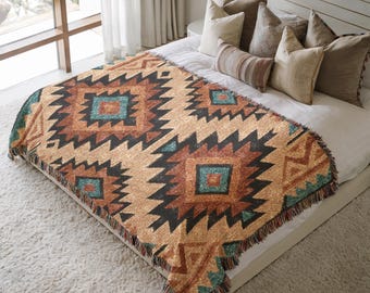 Manta tejida estilo suroeste marrón, negro y turquesa, decoración de colcha desértica, regalo para mamá y papá, tapiz textil de pared con temática nativa americana.