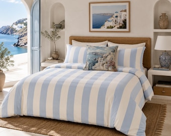 Blue and White Cabana Stripe Duvet Cover Set, Mediterranean Coastal Nautical Bedding, Portugese Italian Grandma Beach House Wedding Gift