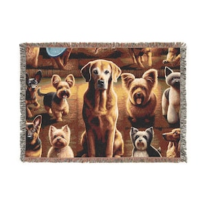 Cozy Dog Lovers Woven Throw Blanket, Gift for Pet Owners, Textile Wall Art, Quilt Tapestry Throw, Decorative Accent Couch Bed Bedding