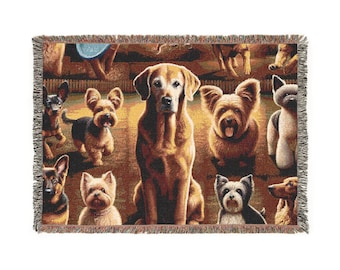 Gezellige hondenliefhebbers geweven deken, cadeau voor eigenaren van gezelschapsdieren, textiel muurkunst, quilt wandkleed, decoratief accent bankbed beddengoed