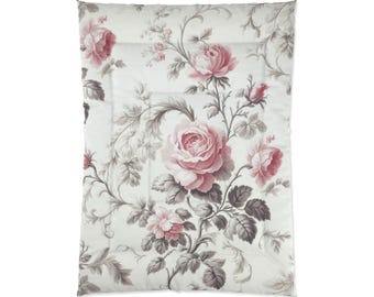 Elegant Pink Red Rose French Toile Floral Comforter, Vintage Style Bedding, Shabby Chic, Victorian Cottagecore Queen King Twin Size Decor