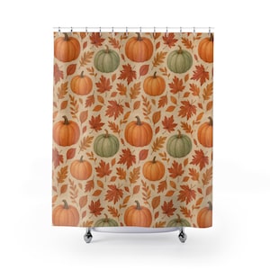 Pumpkins Fall Autumn Floral Fabric Stall Shower Curtain Country Farmhouse Bathroom, Botanical Bathroom, Orange Green Art Print Decor