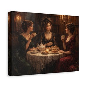 Könnte beinhalten: Leinwanddruck einer Vintage-Szene mit drei Frauen in eleganten Kleidern beim Teetrinken. Sie sitzen an einem Tisch mit Gebäck und einem silbernen Teeservice. Der Raum ist mit Kerzenlicht beleuchtet und schafft eine warme, einladende Atmosphäre.