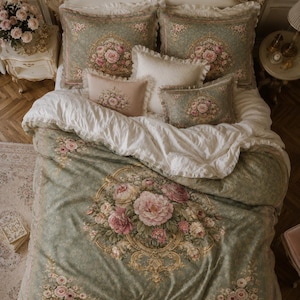 Peut inclure: Un lit avec une housse de couette et des coussins à motifs floraux. La housse de couette est vert clair avec un grand motif floral rose et crème. Les coussins sont dans les tons de vert, de rose et de crème. Le cadre de lit est blanc avec des détails dorés.