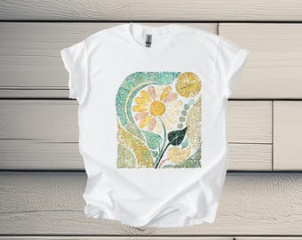 Camisa retro con flores, colores cómodos, camisa vintage con girasoles, camiseta Golden Sun, camiseta bohemia, camisa botánica, regalos para amantes de los girasoles.