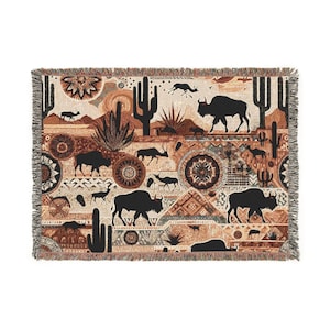 Woven Throw Blanket, Desert Buffalo Aztec Quilt Tapestry, Cozy Home Decor Wall Art, Nature Lovers Tribal Art, Southwest Throw Blanket Quilt