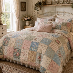 Pode incluir: Uma colcha de retalhos com um padrão floral em tons pastel de rosa, azul e verde cobre uma cama. A roupa de cama é complementada por fronhas a condizer e uma almofada decorativa. O quarto tem uma estética vintage, cottagecore com cortinas florais e uma cómoda de madeira.