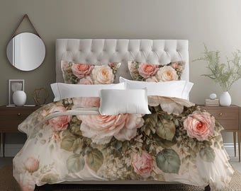 Juego de funda nórdica Chateaucore con peonías y rosas rosadas suaves, ropa de cama floral de estilo vintage, shabby chic victoriano, tamaño queen, king, individual, francés, romántico.