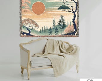 Cobertor de tapeçaria de arte de parede Japandi com design de pôr do sol, manta de estilo de arte japonesa, tapeçaria de floresta, cobertor de piquenique, presente de inauguração de casa
