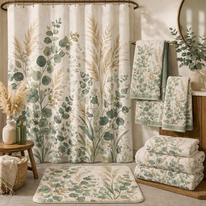 Eucalyptus and Pampas Grass Spa Shower Curtain Bathroom Towels Bathmat Set Decor Botanical  Nature-Inspired Modern Wedding Gift Dorm Bundle