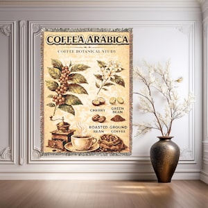 Coffee Farm Botanical Woven Tapestry Throw Blanket, Latte Java Gift Mom Dad, Latte Lover Mother's Queen Full Twin Quilt Bedding Coverlet