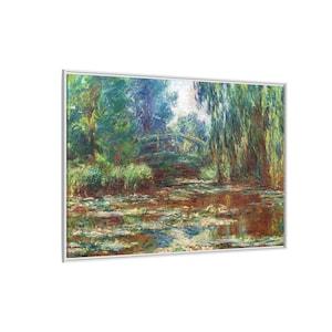 Monet Pond Weeping Willows Inramad målning på canvas Vintage väggkonsttryck, impressionistisk landskapsdekor, viktoriansk stor liten