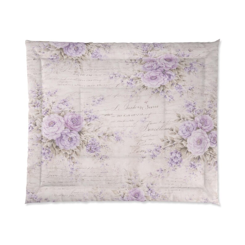Chateaucore Lavendar Rose Comforter Set Floral French Script Bedding ...