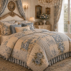 Set copripiumino in stile country francese color blu polvere, trapunta floreale cottagecore, trapunta patchwork shabby chic, arredamento camera da letto Grandmillennial
