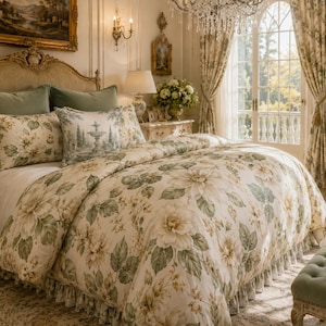 May include: A bedding set featuring a cream-colored duvet cover and matching pillow shams adorned with a large-scale green and beige floral pattern. The duvet cover includes a ruffled edge, and one decorative pillow displays a fountain scene.