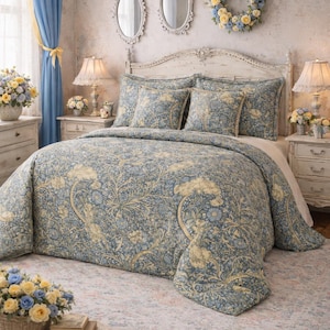 Puede incluir: Un dormitorio con un edredón floral azul y amarillo y almohadas a juego. La habitación incluye una cabecera blanca, mesitas de noche con lámparas y espejos decorativos. Una corona floral cuelga de la pared. La habitación tiene una estética vintage.