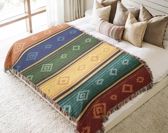 Woven Throw Blanket, Desert Mexican Serape Aztec Quilt Tapestry, Textile Wall Art, Nature Lovers Tribal Art, Southwest Throw Blanket Quilt