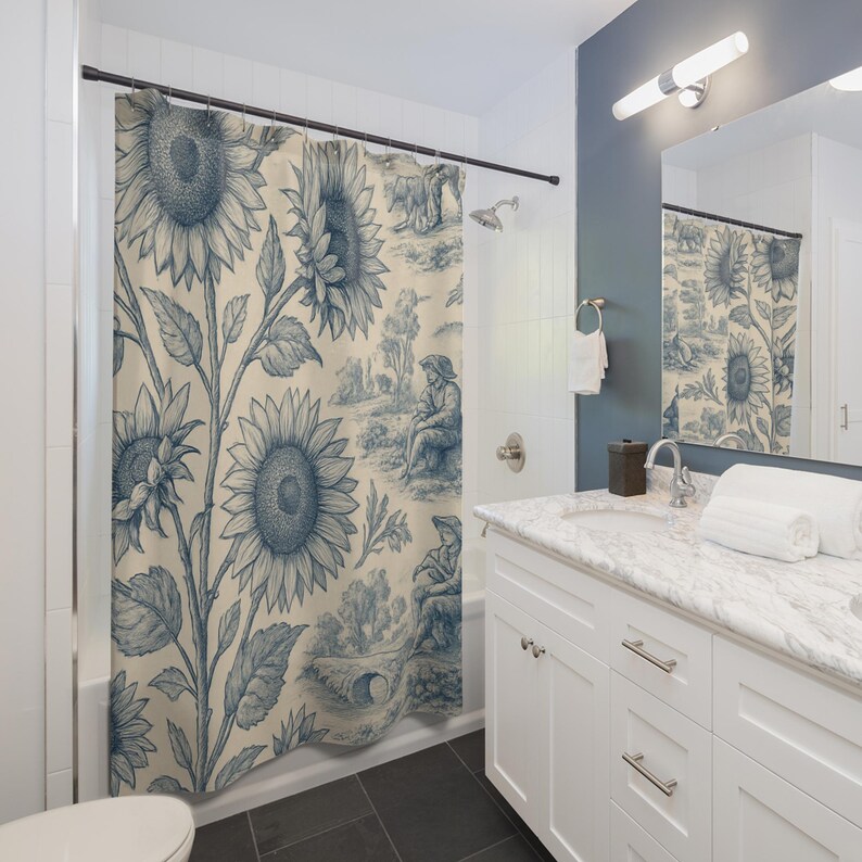Sunflowers French Toile Floral Fabric Stall Shower Curtain Country ...