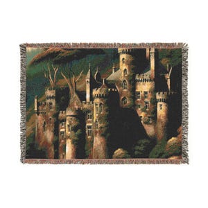 Verdure Medieval Castle Woven Tapestry Throw Blanket - Vintage Style Quilt, Picnic Blanket, Bed Couch Throw Blanket, Gift for Grandma Mom