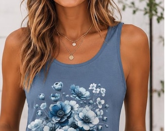 Blaues Blumen Tank Top für Frauen, Cottagecore Blume, Boho Sommer ärmelloses Top, Blüten Shirt, niedliches lässiges Grafik Tank, botanisches Geschenk für Sie