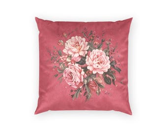 Chateaucore Hot Pink Roses Poly Velvet Pillow, Soft Decorative French Country Throw Pillow, Square Velvet Lumbar Cushion Housewarming Gift
