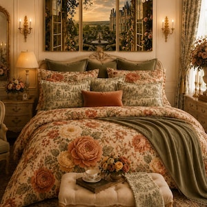 Set copriletto color crema terracotta con peonie / Biancheria da letto in stile country francese / Copriletto floreale Chateaucore / Decorazione autunnale per camera da letto in stile cottagecore