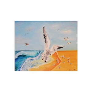Seagulls Ocean Giclee Poster Print, Seagull Waves Nautical Oil Painting Wall Decor, Beach House Decor Housewarming Gift for Dad Mom