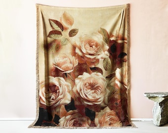Chateaucore rosa eleganta viktorianska rosor vävd filt bröllopspresent, shabby chic pläd, fransk lantlig blommig väggtapet konst