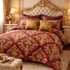 Könnte beinhalten: Ein luxuriöses Schlafzimmer mit einem Bett mit getuftetem Kopfteil und aufwendigen Goldverzierungen. Das Bett ist mit einer bordeauxfarbenen Bettdecke und Kissen mit goldenem Damastmuster geschmückt. Zwei goldene Zierkissen mit floralen Designs sorgen für Eleganz.
