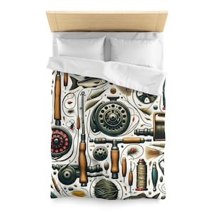 Fish Fly Fishing Duvet Cover Rustic Camp Cabin Decorative Fisherman Fishermen Country Bedding Decor Gift for Housewarming Him Dad Gift