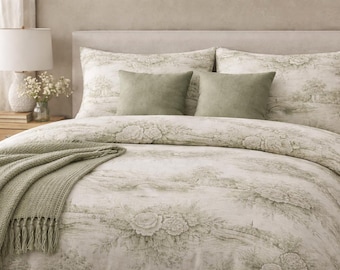Set copripiumino in 100% cotone, color crema, salvia, verde, rosa e cavolo Toile de Jouy / Copriletto floreale in stile country francese Chateaucore, Shabby Chic, per inaugurazione della casa