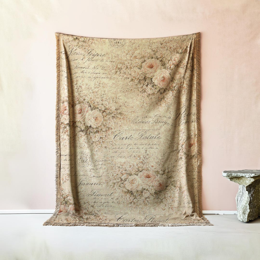 French Script Throws Chateaucore French Script Floral Woven Throw Blanket, French Country ...