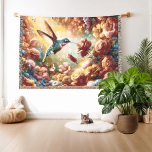 Hummingbird Woven Blanket, Pink Floral Decor, Gift for Bird Lovers, Botanical Gift, Nature Couch Throw, Spring Floral Bird Quilt, Bird Gift